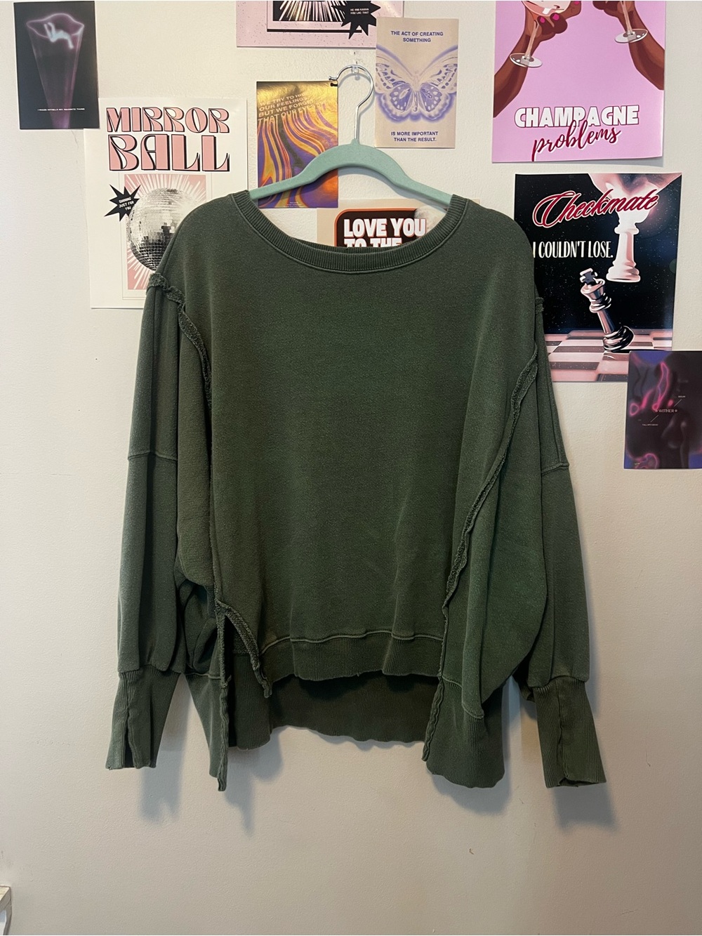We The Free Washed Olive Green Raw-Edge Pullover Sweatshirt